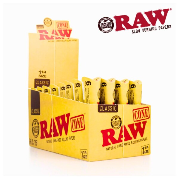 RAW CLASSIC CONES 1 1/4 SIZE (32 PACKS / 6 X 1 1/4 CONES PER PACK) - Image 2