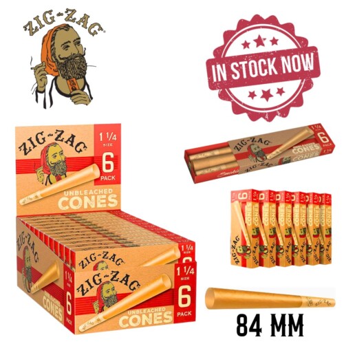 Zig Zag 1 1/4 Size Cones Unbleached- 24 Packs Per Box / 6 Cones Per Pack