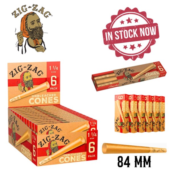 Zig Zag 1 1/4 Size Cones Unbleached- 24 Packs Per Box / 6 Cones Per Pack