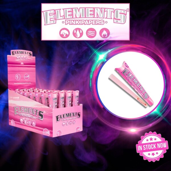 ELEMENTS ULTRA THIN PINK CONES 1 1/4 SIZE (BACKROLLED, 32 PACKS PER BOX, 6 CONES PER PACK)